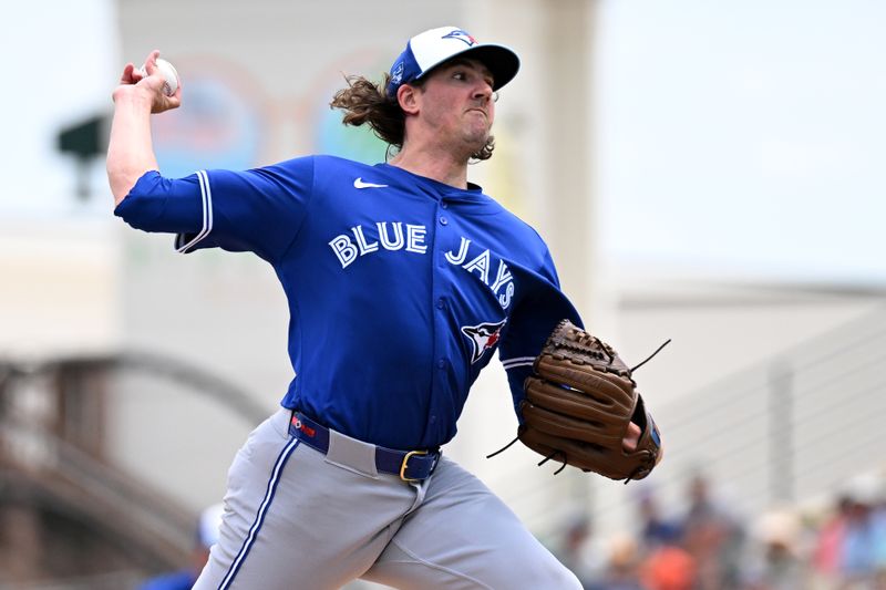 Mar 25, 2024; Bradenton, Florida, USA; Toronto Blue Jays starting pitcher Kevin Gausman (34) throws a pitch in the first inning of the spring training game against the Pittsburgh Pirates  at LECOM Park. Mandatory Credit: Jonathan Dyer-USA TODAY Sports