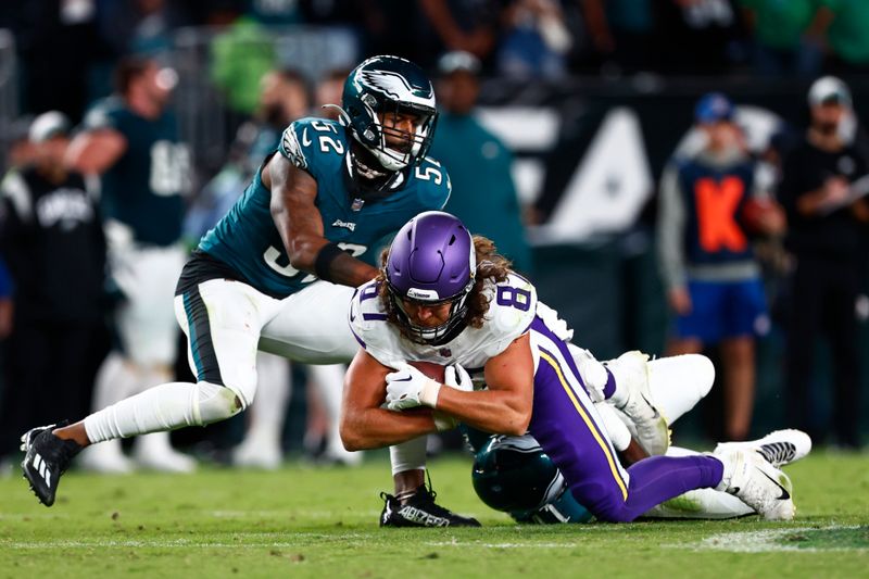 Minnesota Vikings tight end T.J. Hockenson (87) in action against the Philadelphia Eagles during an NFL football game, Thursday, Sep. 14, 2023, in Philadelphia. (AP Photo/Rich Schultz)