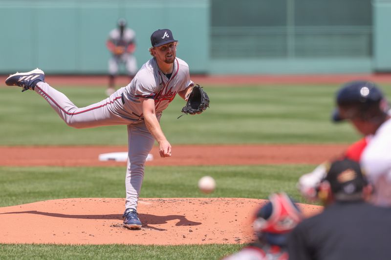 Jun 5, 2024; Boston, Massachusetts, USA; Atlanta Braves starting pitcher Spencer Schwellenbach (56) throws a pitch during the first inning against the Boston Red Sox at Fenway Park. Mandatory Credit: Paul Rutherford-USA TODAY Sports