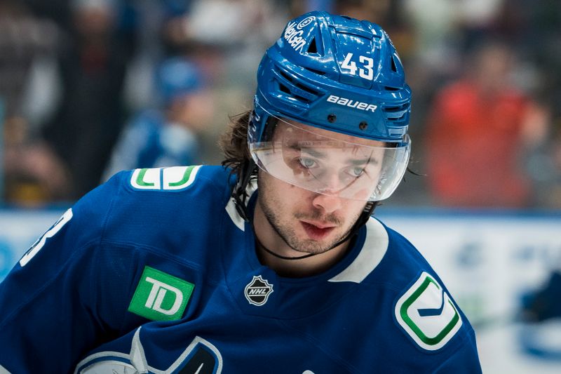 Nov 11, 2025; Vancouver, British Columbia, CAN; Vancouver Canucks defenseman Quinn Hughes (43) skates during warm up prior to a game against the Winnipeg Jets at Rogers Arena. Mandatory Credit: Bob Frid-Imagn Images