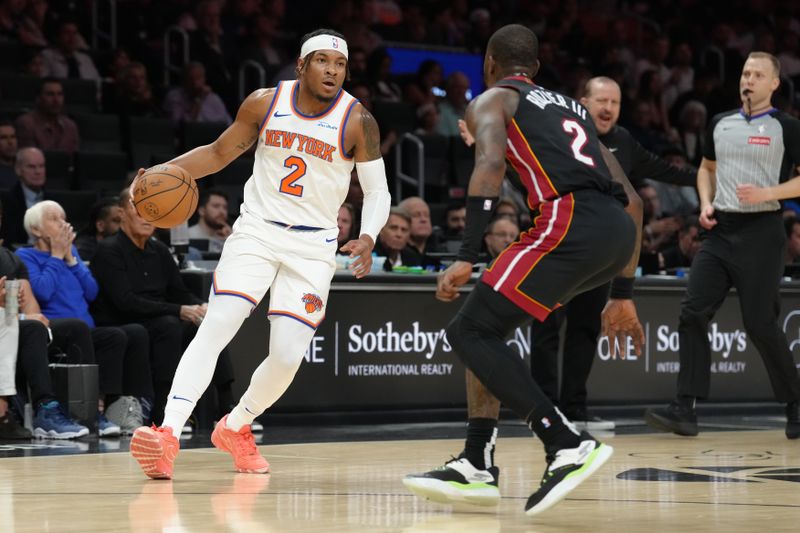 MIAMI, FL - MARCH 02:  Miles McBride #2 of the New York Knicks handles the ball during the game against the Miami Heat on March 02, 2025 at Kaseya Center in Miami, Florida. NOTE TO USER: User expressly acknowledges and agrees that, by downloading and or using this Photograph, user is consenting to the terms and conditions of the Getty Images License Agreement. Mandatory Copyright Notice: Copyright 2025 NBAE (Photo by Eric Espada/NBAE via Getty Images)