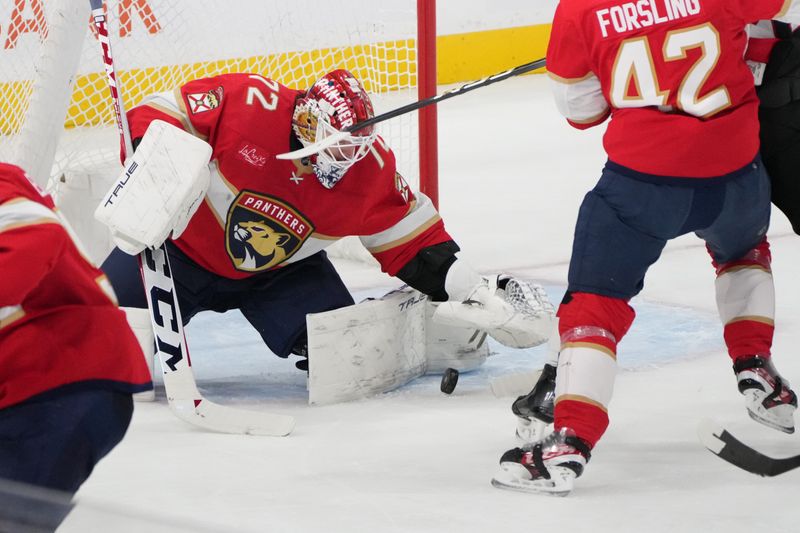 Feb 20, 2024; Sunrise, Florida, USA; Florida Panthers goaltender Sergei Bobrovsky (72) makes a save against the Ottawa Senators during the second period at Amerant Bank Arena. Mandatory Credit: Jim Rassol-USA TODAY Sports