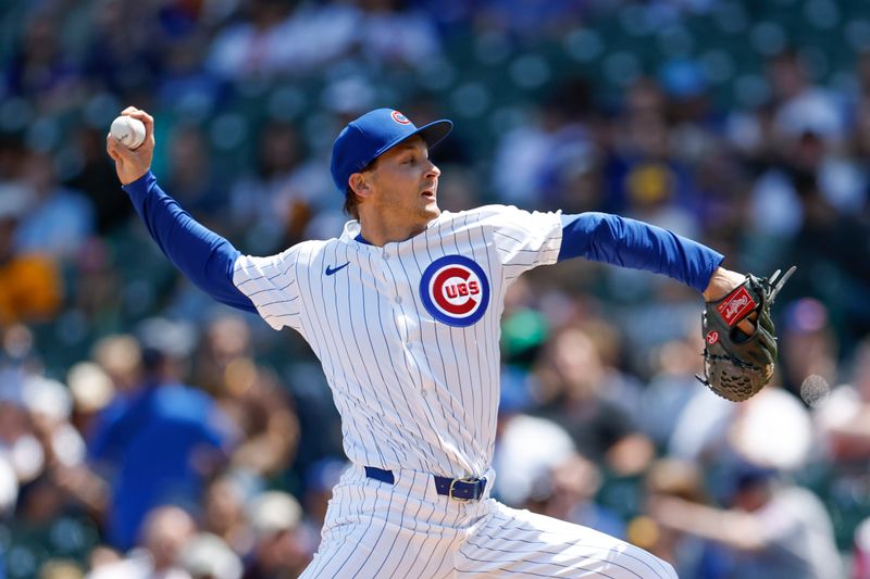 May 8, 2024; Chicago, Illinois, USA; Chicago Cubs starting pitcher Hayden Wesneski (19) delivers a pitch against the San Diego Padres during the first inning at Wrigley Field. Mandatory Credit: Kamil Krzaczynski-USA TODAY Sports