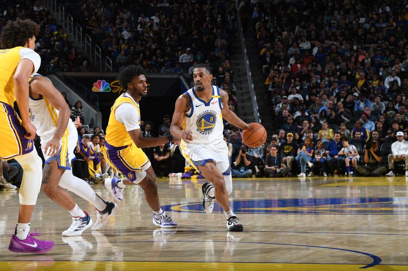 SAN FRANCISCO, CA - OCTOBER 18: De'Anthony Melton #8 of the Golden State Warriors handles the ball during the game against the Los Angeles Lakers during a NBA Preseason game on October 18, 2024 at Chase Center in San Francisco, California. NOTE TO USER: User expressly acknowledges and agrees that, by downloading and or using this photograph, user is consenting to the terms and conditions of Getty Images License Agreement. Mandatory Copyright Notice: Copyright 2024 NBAE (Photo by Noah Graham/NBAE via Getty Images)