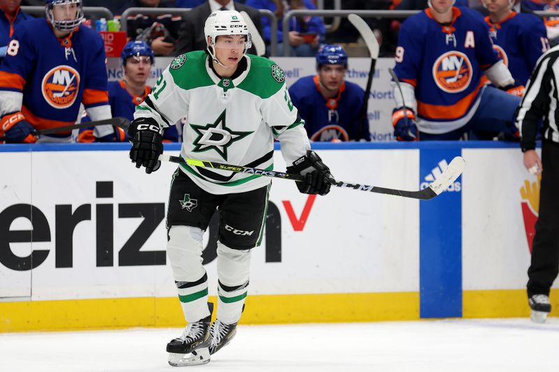 Jan 21, 2024; Elmont, New York, USA; Dallas Stars left wing Jason Robertson (21) skates against the New York Islanders during the third period at UBS Arena. Mandatory Credit: Brad Penner-USA TODAY Sports