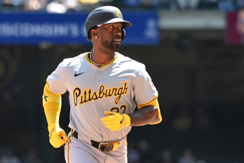 May 15, 2024; Milwaukee, Wisconsin, USA; Pittsburgh Pirates designated hitter Andrew McCutchen (22) runs the bases after hitting a solo home run in the seventh inning against the Milwaukee Brewers at American Family Field. Mandatory Credit: Benny Sieu-USA TODAY Sports