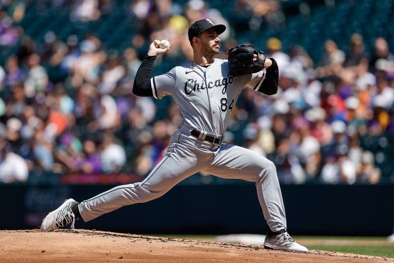 Aug 20, 2023; Denver, Colorado, USA; Chicago White Sox starting pitcher Dylan Cease (84) pitches in the second inning against the Colorado Rockies at Coors Field. Mandatory Credit: Isaiah J. Downing-USA TODAY Sports