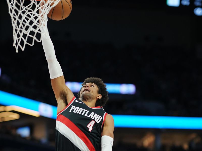 MINNEAPOLIS, MN -  APRIL 2: Matisse Thybulle #4 of the Portland Trail Blazers drives to the basket during the game against the Minnesota Timberwolves on April 2, 2023 at Target Center in Minneapolis, Minnesota. NOTE TO USER: User expressly acknowledges and agrees that, by downloading and or using this Photograph, user is consenting to the terms and conditions of the Getty Images License Agreement. Mandatory Copyright Notice: Copyright 2023 NBAE (Photo by Jordan Johnson/NBAE via Getty Images)