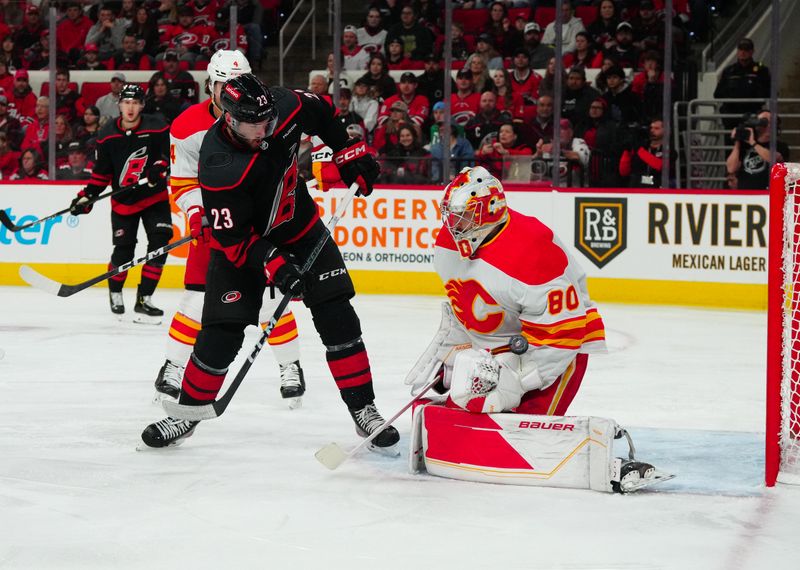 Mar 10, 2024; Raleigh, North Carolina, USA;  Calgary Flames goaltender Dan Vladar (80) stops the shot next to Carolina Hurricanes right wing Stefan Noesen (23) during the first period at PNC Arena. Mandatory Credit: James Guillory-USA TODAY Sports