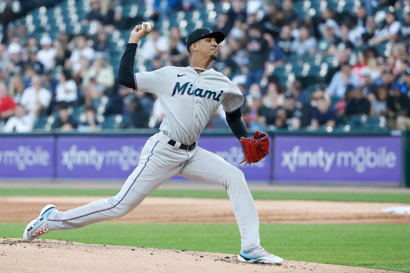 Jun 9, 2023; Chicago, Illinois, USA; Miami Marlins starting pitcher Eury Perez (39) pitches against the Chicago White Sox during the first inning at Guaranteed Rate Field. Mandatory Credit: Kamil Krzaczynski-USA TODAY Sports