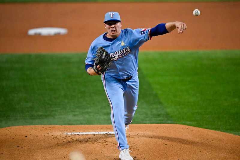 Sep 1, 2024; Arlington, Texas, USA; Texas Rangers starting pitcher Walter Pennington (52) pitches against the Oakland Athletics during the first inning at Globe Life Field. Mandatory Credit: Jerome Miron-USA TODAY Sports