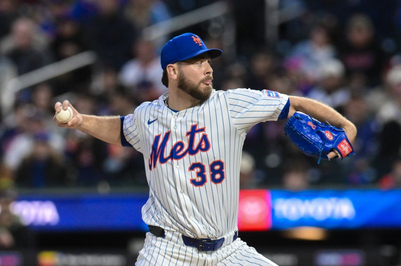 Apr 21, 2025; New York City, New York, USA; New York Mets pitcher Tylor Megill (38) pitches against the Philadelphia Phillies during the first inning at Citi Field. Mandatory Credit: John Jones-Imagn Images