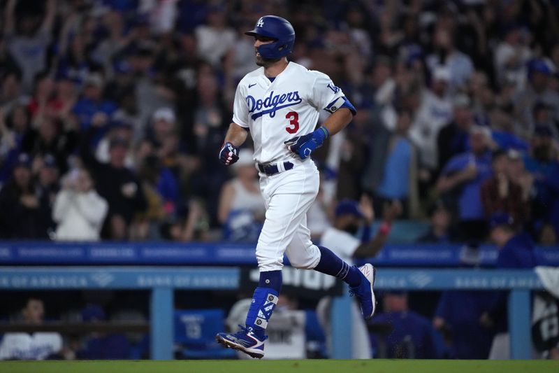 Jun 15, 2023; Los Angeles, California, USA; Los Angeles Dodgers third baseman Chris Taylor (3) rounds the bases on a grand slam home run in the sixth inning against the Chicago White Sox at Dodger Stadium. Mandatory Credit: Kirby Lee-USA TODAY Sports