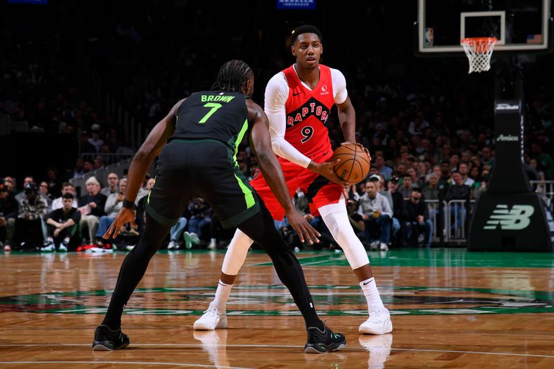 BOSTON, MA - NOVEMBER 16: RJ Barrett #9 of the Toronto Raptors looks to pass the ball during the game against the Boston Celtics on November 16, 2024 at TD Garden in Boston, Massachusetts. NOTE TO USER: User expressly acknowledges and agrees that, by downloading and/or using this Photograph, user is consenting to the terms and conditions of the Getty Images License Agreement. Mandatory Copyright Notice: Copyright 2024 NBAE (Photo by Brian Babineau/NBAE via Getty Images)