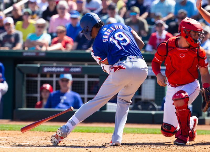 Mar 20, 2024; Goodyear, Arizona, USA; Texas Rangers batter Jose Barrero reacts after being hit by a pitch against the Cincinnati Reds during a spring training baseball game at Goodyear Ballpark. Mandatory Credit: Mark J. Rebilas-USA TODAY Sports
