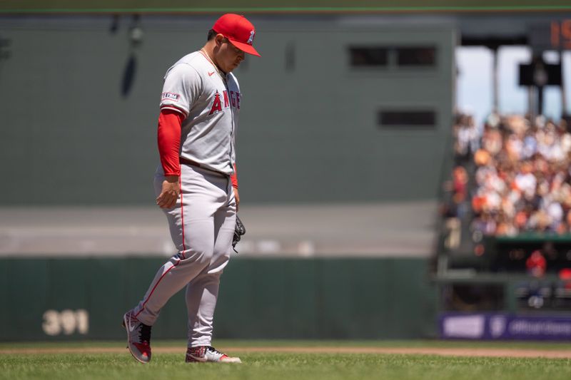 Jun 16, 2024; San Francisco, California, USA;  Los Angeles Angels pitcher José Suarez (54) reacts during the fourth inning against the San Francisco Giants at Oracle Park. Mandatory Credit: Stan Szeto-USA TODAY Sports