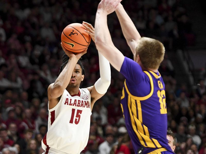 Jan 27, 2024; Tuscaloosa, Alabama, USA;  Alabama forward Jarin Stevenson (15) shoots from three point range with LSU forward Hunter Dean (12) defending at Coleman Coliseum. Mandatory Credit: Gary Cosby Jr.-USA TODAY Sports