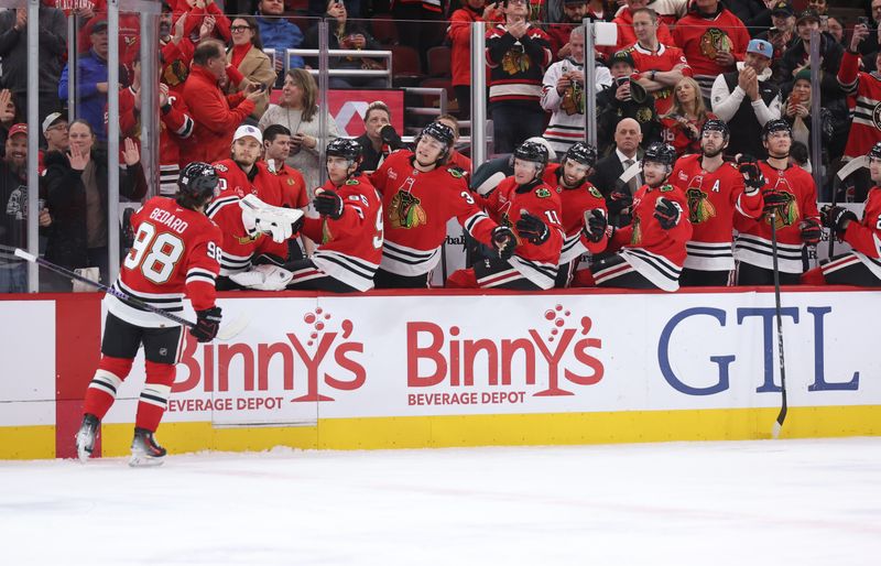 Feb 2, 2026; Chicago, Illinois, USA; Chicago Blackhawks center Connor Bedard (98) celebrates with teammates after a first-period goal against the San Jose Sharks at United Center. Mandatory Credit: Talia Sprague-Imagn Images