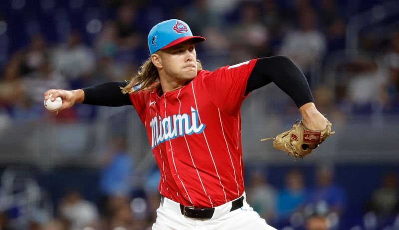 Jun 22, 2024; Miami, Florida, USA;  Miami Marlins starting pitcher Shaun Anderson (48) pitches against the Seattle Mariners in the first inning at loanDepot Park. Mandatory Credit: Rhona Wise-USA TODAY Sports