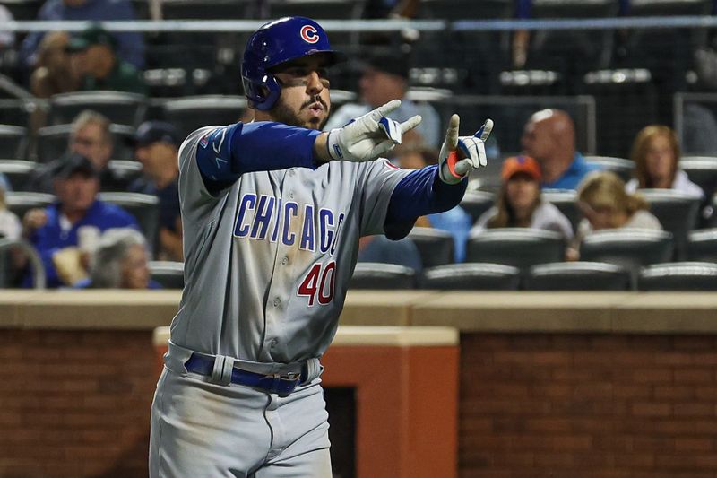 Aug 8, 2023; New York City, New York, USA; Chicago Cubs center fielder Mike Tauchman (40) celebrates after his solo home run during the eighth inning against the New York Mets at Citi Field. Mandatory Credit: Vincent Carchietta-USA TODAY Sports