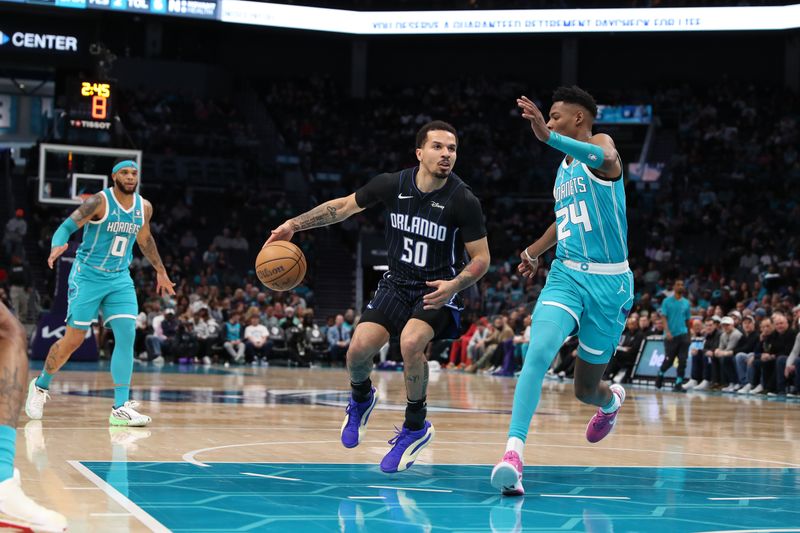 CHARLOTTE, NC - APRIL 5:  Cole Anthony #50 of the Orlando Magic drives to the basket during the game against the Charlotte Hornets on April 5, 2024 at Spectrum Center in Charlotte, North Carolina. NOTE TO USER: User expressly acknowledges and agrees that, by downloading and or using this photograph, User is consenting to the terms and conditions of the Getty Images License Agreement.  Mandatory Copyright Notice:  Copyright 2024 NBAE (Photo by Brock Williams-Smith/NBAE via Getty Images)