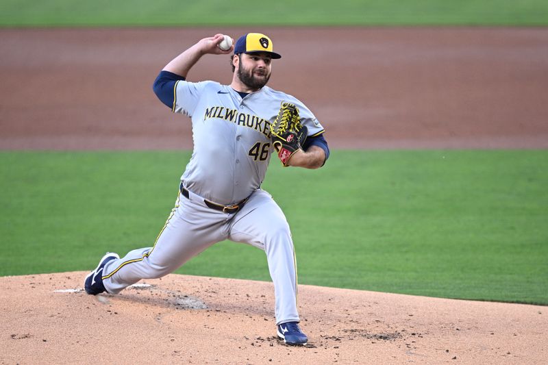 Jun 20, 2024; San Diego, California, USA; Milwaukee Brewers starting pitcher Bryse Wilson (46) pitches against the San Diego Padres during the first inning at Petco Park. Mandatory Credit: Orlando Ramirez-USA TODAY Sports