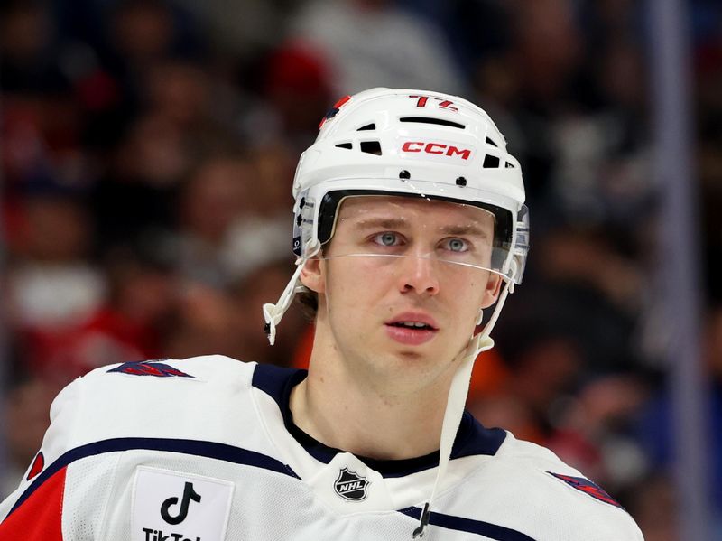 Mar 12, 2026; Buffalo, New York, USA;  Washington Capitals right wing Anthony Beauvillier (72) at the start of the second period against the Buffalo Sabres at KeyBank Center. Mandatory Credit: Timothy T. Ludwig-Imagn Images