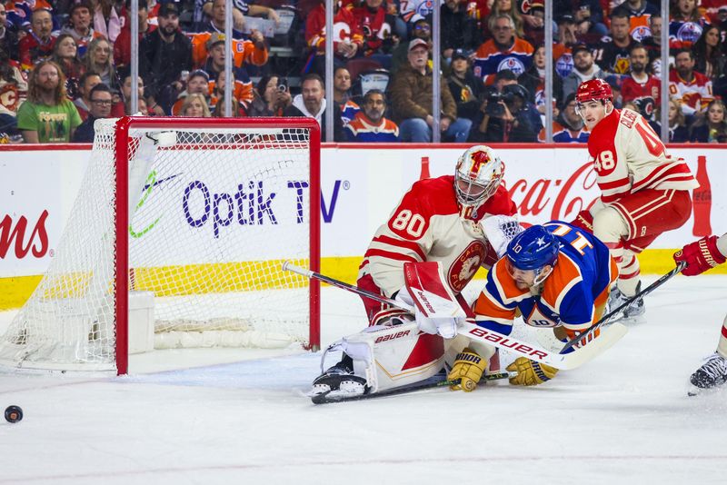 Jan 20, 2024; Calgary, Alberta, CAN; Calgary Flames goaltender Dan Vladar (80) makes a save against Edmonton Oilers center Derek Ryan (10) during the first period at Scotiabank Saddledome. Mandatory Credit: Sergei Belski-USA TODAY Sports