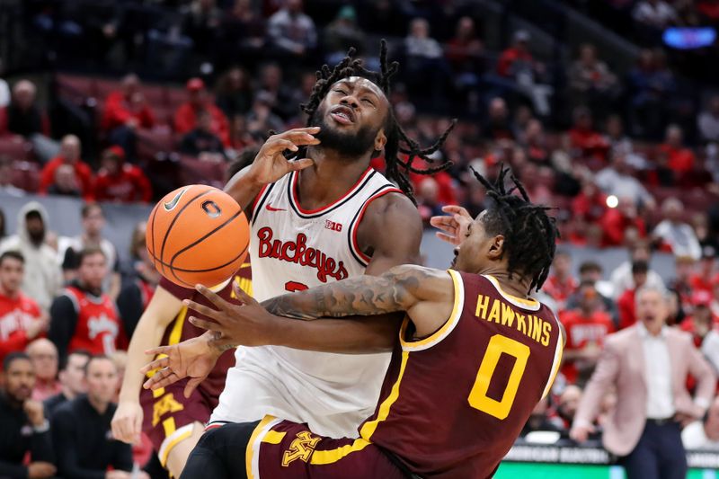 Dec 3, 2023; Columbus, Ohio, USA;  Ohio State Buckeyes guard Bruce Thornton (2) fights for the ball with Minnesota Golden Gophers guard Elijah Hawkins (0) during the second half at Value City Arena. Mandatory Credit: Joseph Maiorana-USA TODAY Sports