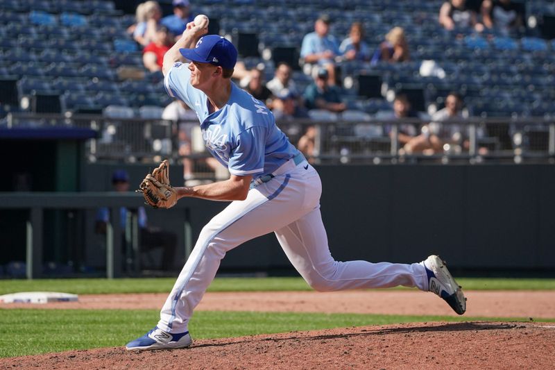 Sep 18, 2023; Kansas City, Missouri, USA; Kansas City Royals relief pitcher James McArthur (66) delivers a pitch against the Cleveland Guardians in the ninth inning at Kauffman Stadium. Mandatory Credit: Denny Medley-USA TODAY Sports