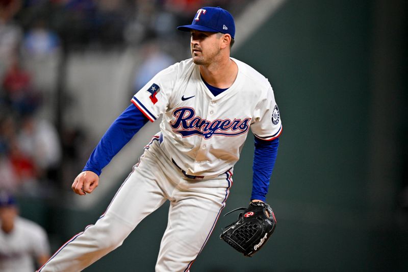 May 1, 2025; Arlington, Texas, USA; Texas Rangers pitcher Tyler Mahle (51) pitches against the Athletics during the fourth inning at Globe Life Field. Mandatory Credit: Jerome Miron-Imagn Images