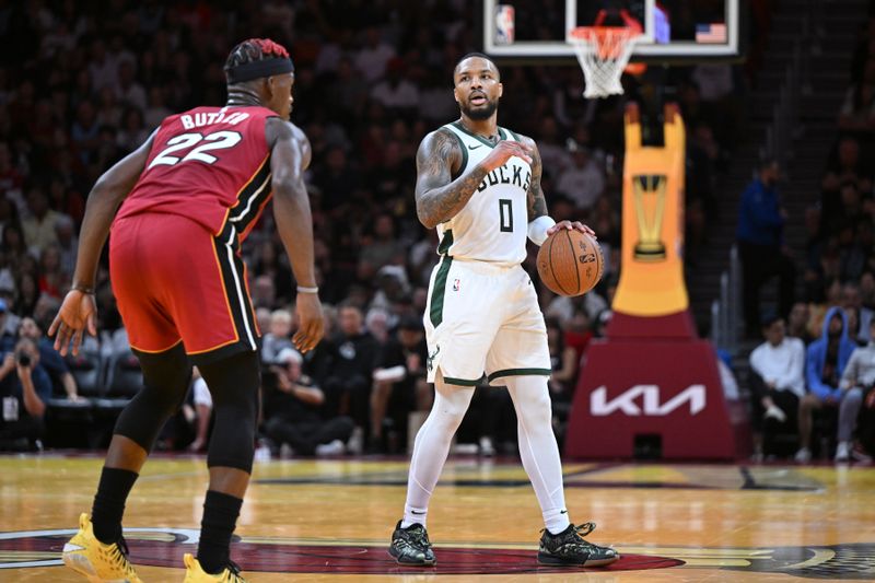 MIAMI, FL - NOVEMBER 26:  Damian Lillard #0 of the Milwaukee Bucks dribbles the ball during an NBA Cup game against the Miami Heat on November 26, 2024 at Kaseya Center in Miami, Florida. NOTE TO USER: User expressly acknowledges and agrees that, by downloading and or using this Photograph, user is consenting to the terms and conditions of the Getty Images License Agreement. Mandatory Copyright Notice: Copyright 2024 NBAE (Photo by Chris Tilley/NBAE via Getty Images)