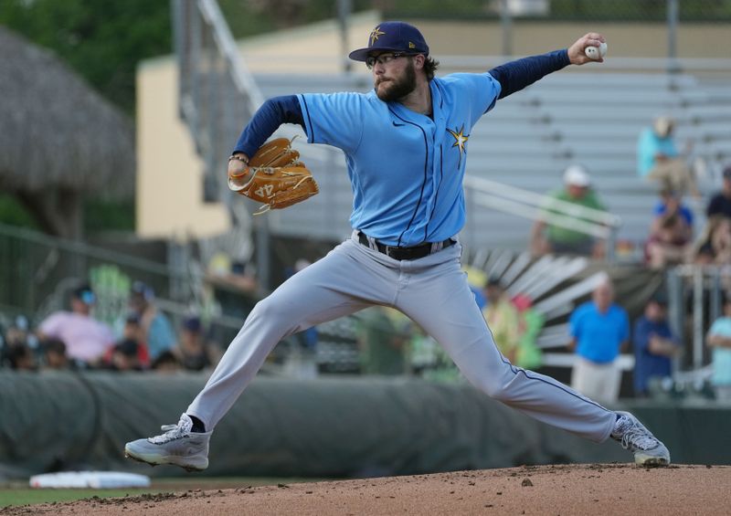 Mar 11, 2023; Jupiter, Florida, USA;  Tampa Bay Rays relief pitcher Josh Fleming (19) pitches in the second inning against the Miami Marlins at Roger Dean Stadium. Mandatory Credit: Jim Rassol-USA TODAY Sports