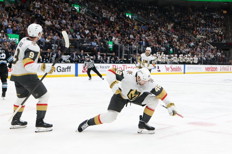 Nov 15, 2024; Salt Lake City, Utah, USA; Vegas Golden Knights center Tomas Hertl (48) celebrates scoring a goal against the Utah Hockey Club during the third period at Delta Center. Mandatory Credit: Rob Gray-Imagn Images