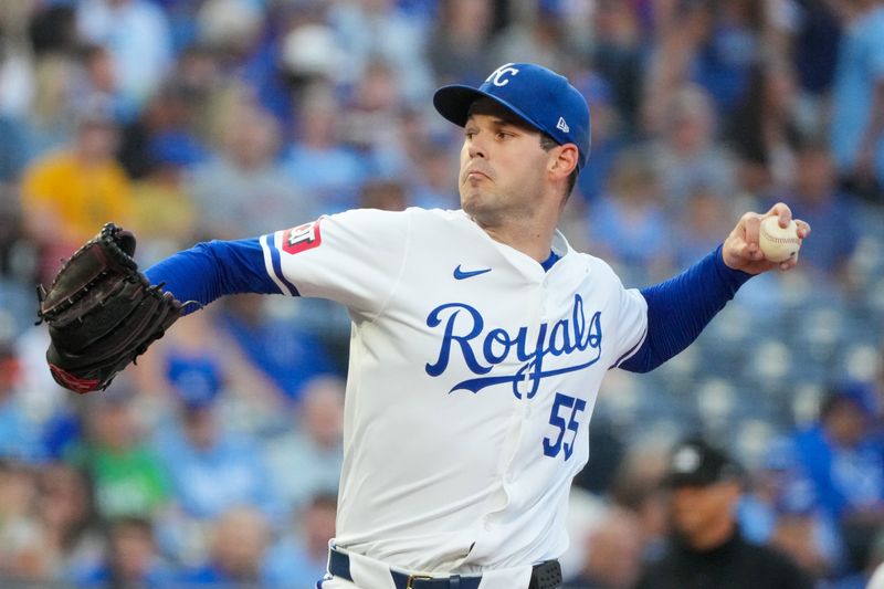 Aug 20, 2024; Kansas City, Missouri, USA; Kansas City Royals starting pitcher Cole Ragans (55) delivers a pitch against the Los Angeles Angels in the first inning at Kauffman Stadium. Mandatory Credit: Denny Medley-USA TODAY Sports