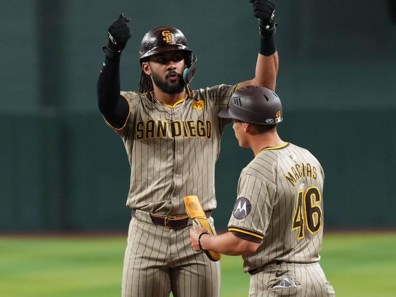 May 3, 2024; Phoenix, Arizona, USA; San Diego Padres outfielder Fernando Tatis Jr. (23) celebrates an RBI single during the fifth inning at Chase Field. Mandatory Credit: Joe Camporeale-USA TODAY Sports