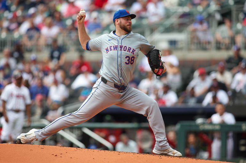 Sep 30, 2024; Atlanta, Georgia, USA; New York Mets starting pitcher Tylor Megill (38) throws against the Atlanta Braves in the second inning at Truist Park. Mandatory Credit: Brett Davis-Imagn Images