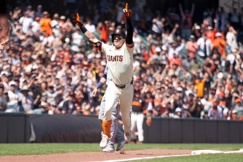 Jul 14, 2024; San Francisco, California, USA; San Francisco Giants right fielder Mike Yastrzemski (5) reacts after the relay from Minnesota Twins second baseman Brooks Lee went out of play, allowing the winning run to score during the ninth inning at Oracle Park. Mandatory Credit: D. Ross Cameron-USA TODAY Sports