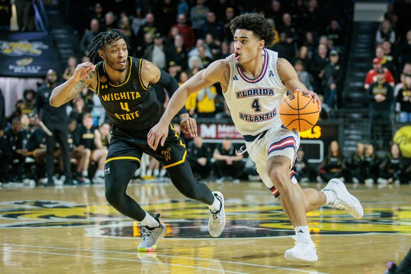 Feb 11, 2024; Wichita, Kansas, USA; Florida Atlantic Owls guard Bryan Greenlee (4) drives around Wichita State Shockers guard Colby Rogers (4) during the second half at Charles Koch Arena. Mandatory Credit: William Purnell-USA TODAY Sports