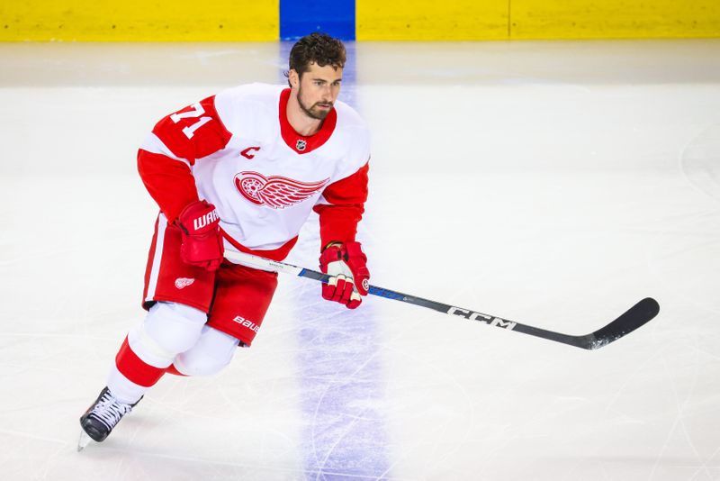 Feb 17, 2024; Calgary, Alberta, CAN; Detroit Red Wings center Dylan Larkin (71) skates during the warmup period against the Calgary Flames at Scotiabank Saddledome. Mandatory Credit: Sergei Belski-USA TODAY Sports