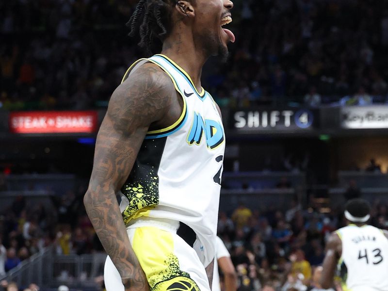 INDIANAPOLIS, INDIANA - NOVEMBER 27: Quenton Jackson #29  of the Indiana Pacers celebrates against the Portland Trailblazers at Gainbridge Fieldhouse on November 27, 2024 in Indianapolis, Indiana.<p><br/></p>NOTE TO USER: User expressly acknowledges and agrees that, by downloading and or using this photograph, User is consenting to the terms and conditions of the Getty Images License Agreement. (Photo by Andy Lyons/Getty Images)
