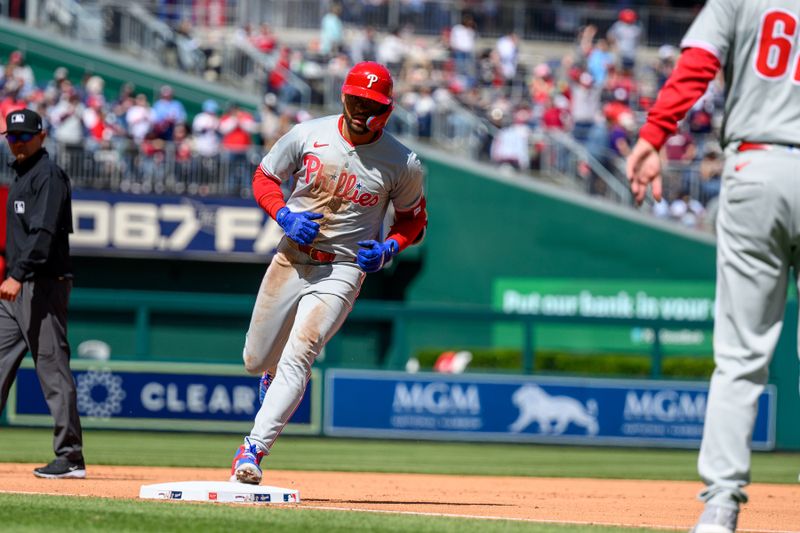 Apr 7, 2024; Washington, District of Columbia, USA; Philadelphia Phillies second base Edmundo Sosa (33) rounds the bases after hitting a home run during the fifth inning against the Washington Nationals at Nationals Park. Mandatory Credit: Reggie Hildred-USA TODAY Sports