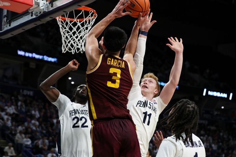 Jan 27, 2024; University Park, Pennsylvania, USA; Penn State Nittany Lions forward Leo O'Boyle (11) as Minnesota Golden Gophers forward Dawson Garcia (3) drives the ball to the basket during the second half at Bryce Jordan Center. Minnesota defeated Penn State 83-74. Mandatory Credit: Matthew O'Haren-USA TODAY Sports