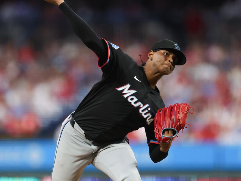 Aug 14, 2024; Philadelphia, Pennsylvania, USA; Miami Marlins pitcher Edward Cabrera (27) throws a pitch during the fourth inning against the Philadelphia Phillies at Citizens Bank Park. Mandatory Credit: Bill Streicher-USA TODAY Sports