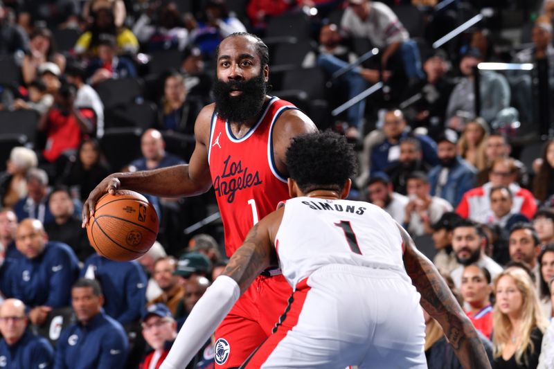 INGLEWOOD, CA - DECEMBER 3: James Harden #1 of the LA Clippers dribbles the ball during the game against the Portland Trail Blazers on December 3, 2024 at Intuit Dome in Los Angeles, California. NOTE TO USER: User expressly acknowledges and agrees that, by downloading and/or using this Photograph, user is consenting to the terms and conditions of the Getty Images License Agreement. Mandatory Copyright Notice: Copyright 2024 NBAE (Photo by Juan Ocampo/NBAE via Getty Images)