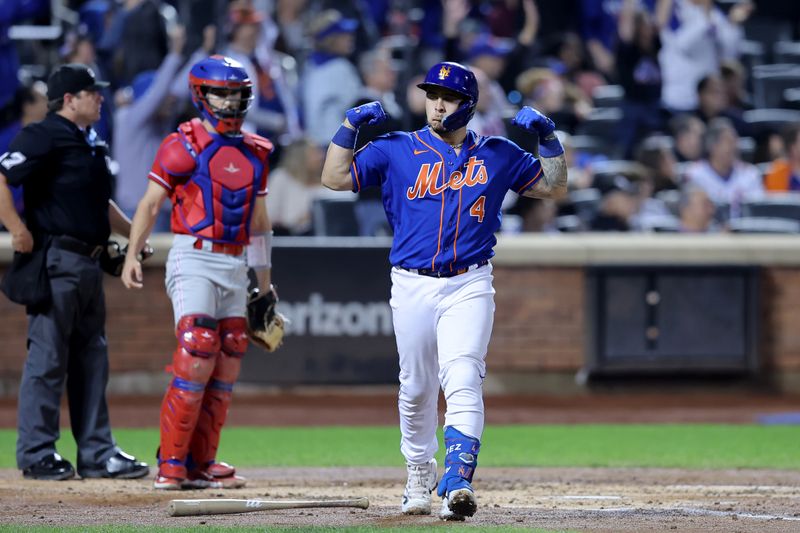 Sep 30, 2023; New York City, New York, USA; New York Mets catcher Francisco Alvarez (4) reacts after hitting a two run home run against the Philadelphia Phillies during the second inning at Citi Field. Mandatory Credit: Brad Penner-USA TODAY Sports