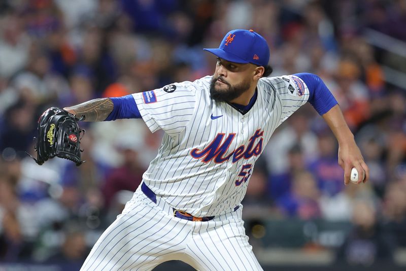 Oct 8, 2024; New York City, New York, USA; New York Mets pitcher Sean Manaea (59) pitches in the seventh inning against the Philadelphia Phillies during game three of the NLDS for the 2024 MLB Playoffs at Citi Field. Mandatory Credit: Brad Penner-Imagn Images