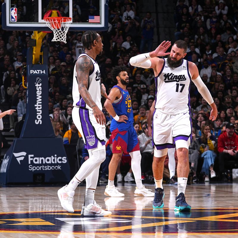 DENVER, CO - MARCH 5: DeMar DeRozan #10 and Jonas Valanciunas #17 of the Sacramento Kings during the game against the Denver Nuggets  on March 5, 2025 at Ball Arena in Denver, Colorado. NOTE TO USER: User expressly acknowledges and agrees that, by downloading and/or using this Photograph, user is consenting to the terms and conditions of the Getty Images License Agreement. Mandatory Copyright Notice: Copyright 2025 NBAE (Photo by Bart Young/NBAE via Getty Images)