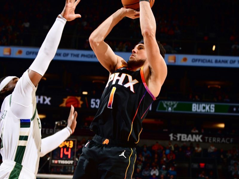PHOENIX, AZ - FEBRUARY 6:  Devin Booker #1 of the Phoenix Suns shoots the ball during the game   on February 6, 2024 at Footprint Center in Phoenix, Arizona. NOTE TO USER: User expressly acknowledges and agrees that, by downloading and or using this photograph, user is consenting to the terms and conditions of the Getty Images License Agreement. Mandatory Copyright Notice: Copyright 2024 NBAE (Photo by Barry Gossage/NBAE via Getty Images)