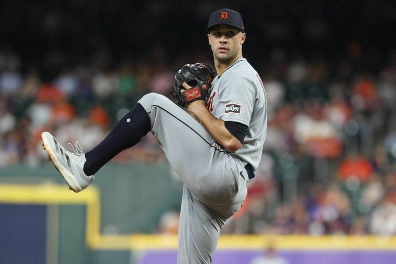 Apr 28, 2025; Houston, Texas, USA; Detroit Tigers starting pitcher Jack Flaherty (9) delivers a pitch during the second inning against the Houston Astros at Daikin Park. Mandatory Credit: Troy Taormina-Imagn Images
